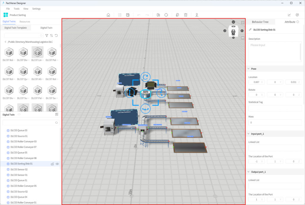 Screenshot of a factory floor layout in a digital twin design tool, showing conveyors, machines, and workstations arranged in a grid.