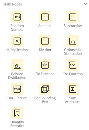 designer_figure_220_math_nodes | DataMesh Grid of math nodes with labels: Random Number, Addition, Subtraction; row two: Multiplication, Division, Orthostatic Distribution; row three: Poisson Distribution, Sin Function, Cos Function; row four: Tan Function, Get Bounding Box, Sum Attributes; final tile: Quantity Statistics