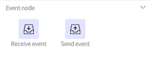 designer_figure_221_event_nodes | DataMesh Panel titled 'Event node' showing two action buttons: 'Receive event' and 'Send event' with purple icon boxes.