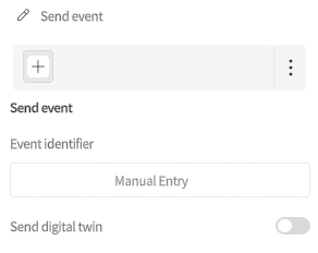 designer_figure_223_send_event_node_attribute | DataMesh UI panel labeled'Send event' with a plus button, a three-dot menu, an 'Event identifier' field showing 'Manual Entry', and a 'Send digital twin' toggle off.