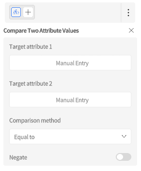 designer_figure_227_compare_attribute_values_two_digital_twins | DataMesh Panel titled'Compare Two Attribute Values' with two manual-entry fields, a 'Equal to' comparison dropdown, and a Negate toggle.