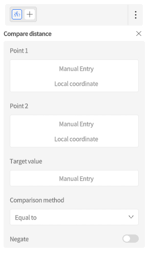 designer_figure_228_compare_distance | DataMesh UI panel titled'Compare distance' with two point input sections (Manual Entry, Local coordinates), a Target value field, a 'Comparison method' dropdown set to 'Equal to', and a Negate toggle.