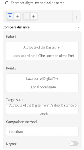 designer_figure_229_whether_there_is_block_at_port | DataMesh UI panel labeled Compare distance: Point 1 — Attribute of the Digital Twin, Local coordinate: The Location of the Port; Point 2 — Location of Digital Twin, Local coordinate; Target value — Attribute of the Digital Twin: Safety Distance of Goods; Comparison method — Less than; Negate off.