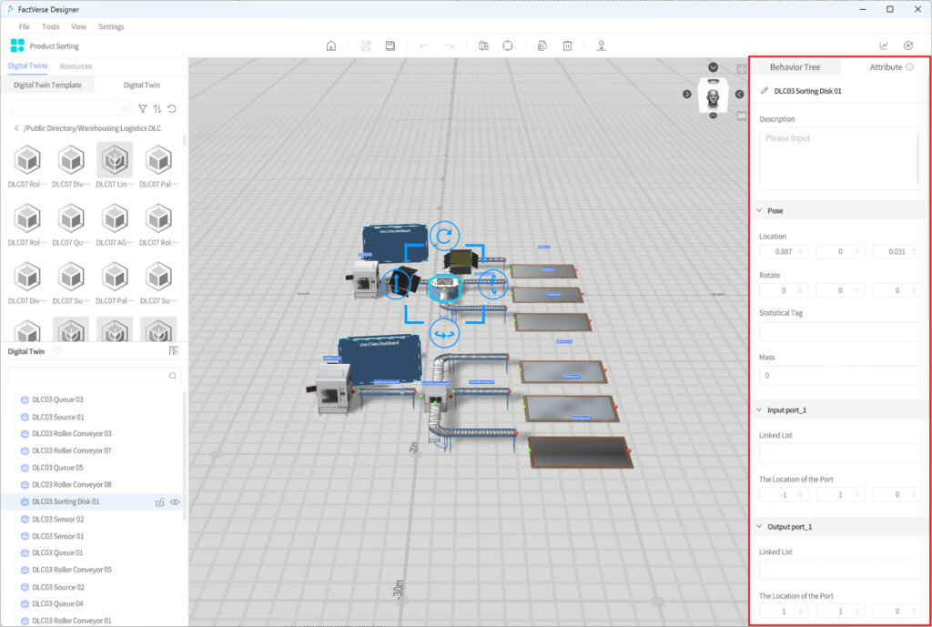 FactVerse Designer: 3D digital twin of a manufacturing line with conveyors and machines, left library panel, central workspace, and right-side Behavior Tree/Attributes panel.