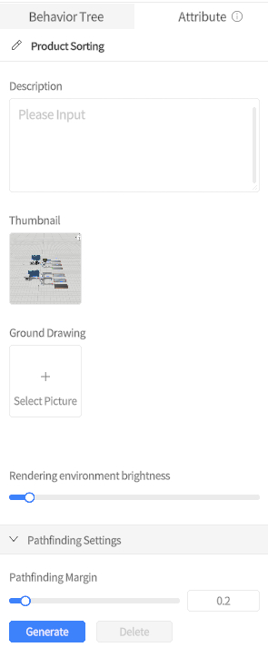 UI editor for a Behavior Tree (Product Sorting): Description field, thumbnail preview, ground drawing area with'Select Picture', brightness slider, pathfinding margin 0.2, and a Generate button.