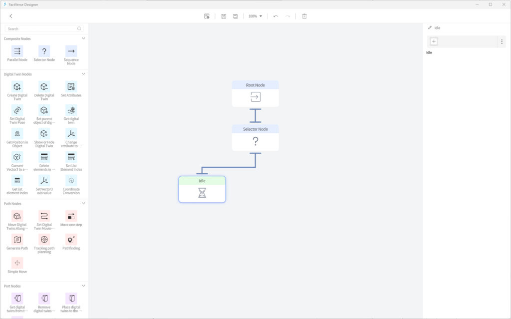 designer_figure_240_add_idle_node | DataMesh Flowchart of a simple state machine: Root Node connects to a Selector Node, which leads to an Idle state at the bottom.