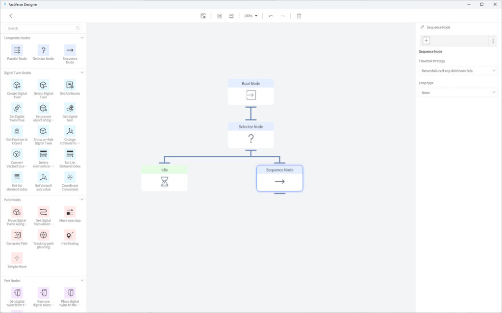 designer_figure_241_add_sequence_node | DataMesh Behavior tree diagram: Root Node feeding into a Selector Node and a Sequence Node, with Idle and a right-side Sequence Node.