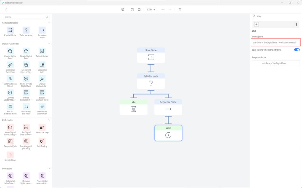 designer_figure_242_add_wait_node | DataMesh Workflow diagram of a digital twin: Root Node → Selector Node → Idle and Sequence Node → Wait state (timer).