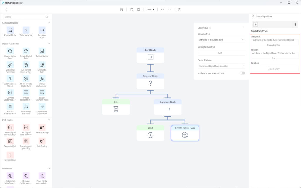 designer_figure_243_add_create_digital_twin_node | DataMesh Workflow diagram of a digital twin: Root Node feeds a Selector Node, then Idle and Sequence, branching to Wait and Create Digital Twin at the bottom.