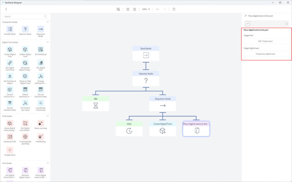 designer_figure_244_add_place_digital_twins_port_node | DataMesh Flowchart of a digital twin process: Root Node → Selector Node → Sequence Node → Idle, Wait, Create Digital Twin, Place Digital Twins steps.