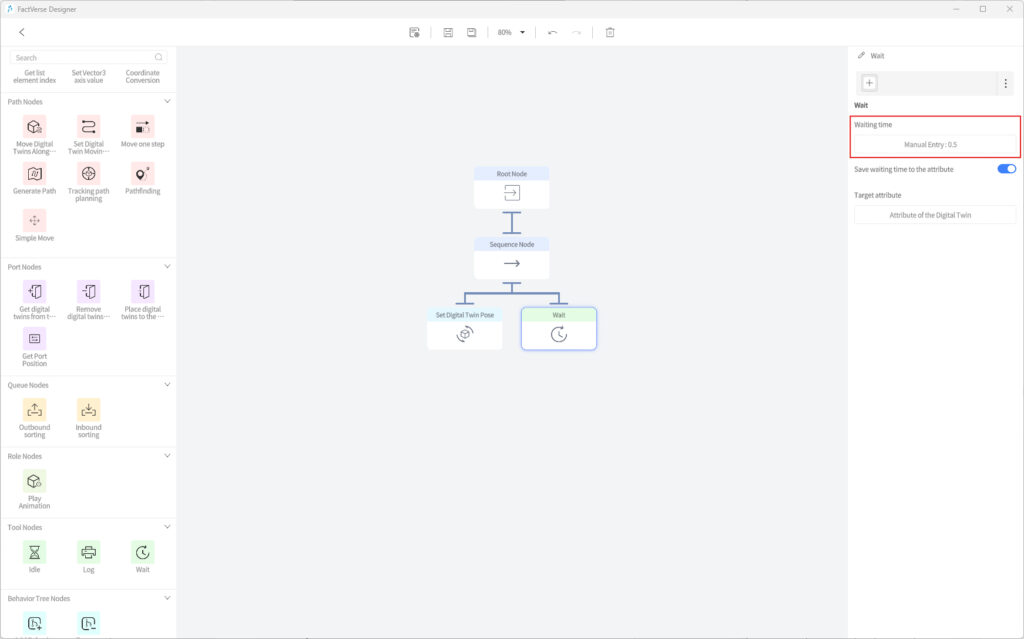 designer_figure_248_set_manual_entry_value_waiting_time | DataMesh Flow: Root Node → Sequence Node → Set Digital Twin Pose and a Wait step in a digital twin workflow, with waiting time set on the right panel (0.5).
