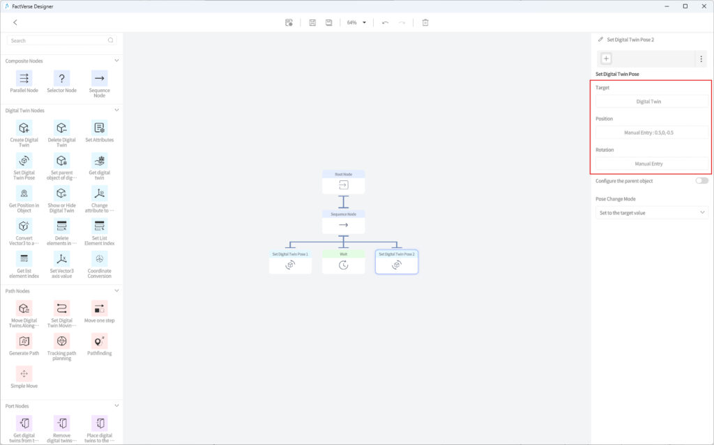 designer_figure_249_set_manual_entry_value_digital_twin | DataMesh Screenshot of FactVerse Designer showing a digital twin workflow with Root Node, Sequence Node, and three child nodes connected in a flow (left panel tools, right Pose settings).