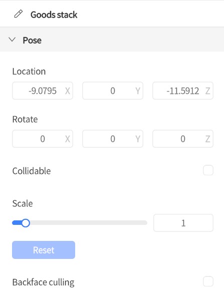 Pose editor: position (-9.0795, 0, -11.5912), rotation (0,0,0), scale 1; toggles for Collidable and Backface Culling, plus a Reset button.