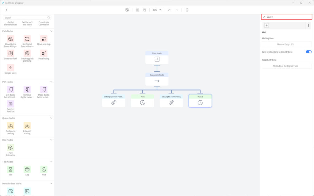 designer_figure_250_add_wait_2_node | DataMesh Process flow: Root Node feeds a Sequence Node, then four parallel steps (Set Digital Twin Pose 1, Wait, Set Digital Twin Pose 2, Wait 2).