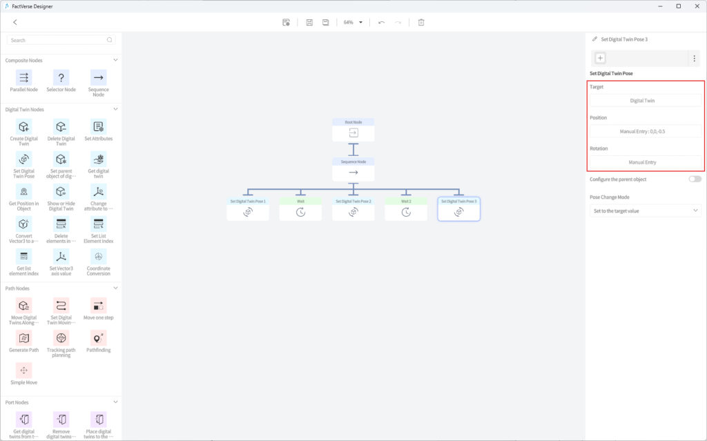 designer_figure_251_set_digital_twin_pose_3 | DataMesh Workflow diagram in FactVerse Designer showing a root node leading to a sequence node and multiple digital twin pose steps in a hierarchy on a pale UI background.