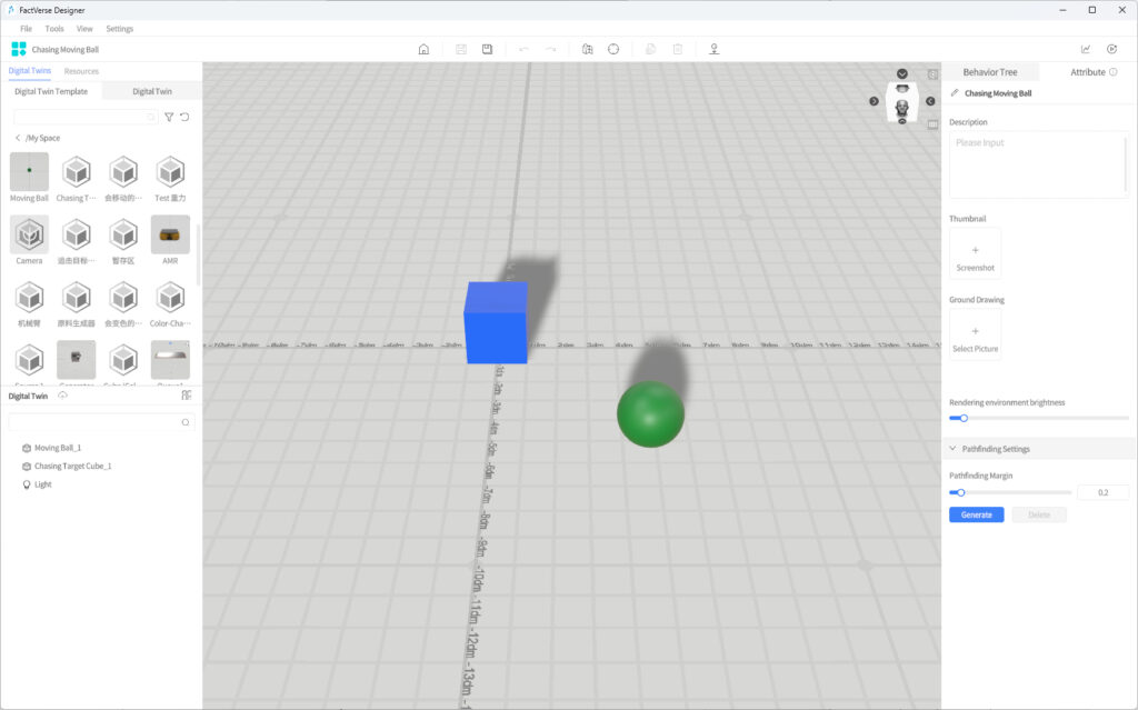 designer_figure_257_add_chasing_target_cube_moving_ball | DataMesh Blue cube and green sphere positioned on a grid workspace inside a 3D design tool; left sidebar shows object library, right panel shows properties.
