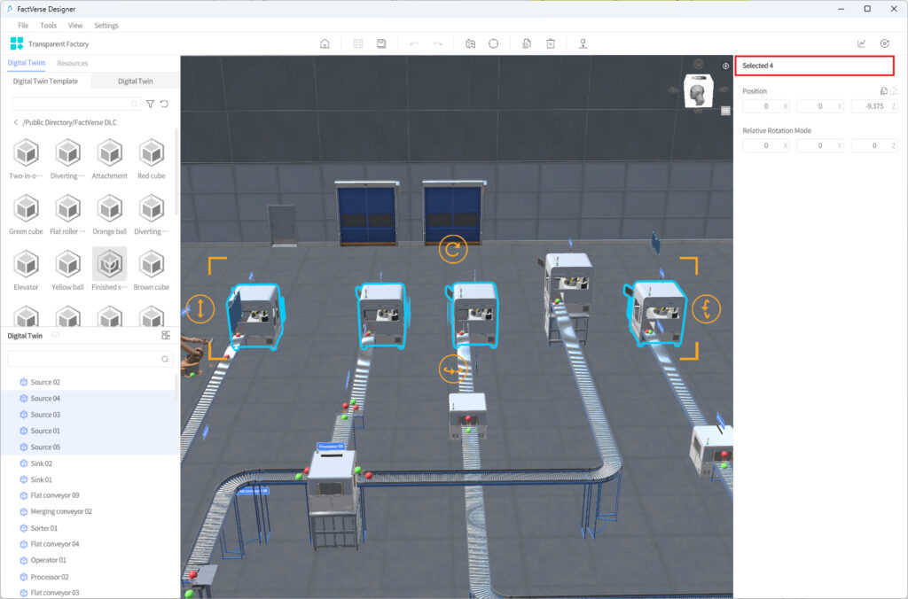 designer_figure_35_number_selected_items | DataMesh Digital twin factory view with four blue-outlined automated stations on a gray floor and surrounding conveyors; right panel shows 'Selected 4' and controls.