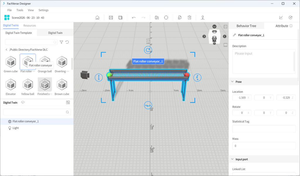Blue 3D model of a flat roller conveyor in a design editor, with left and right control panels visible.