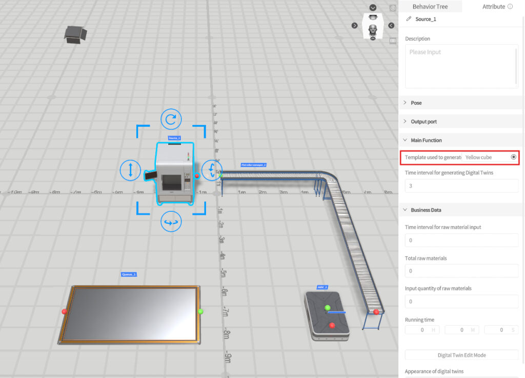 3D digital twin editor: central machine with blue selection frame, connected to a curved conveyor; right panel shows main function settings and inputs.