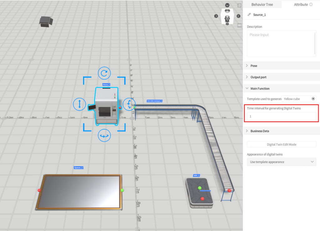 UI showing a 3D factory layout with a highlighted Time interval for generating Digital Twins set to 1 (software panel on the right)