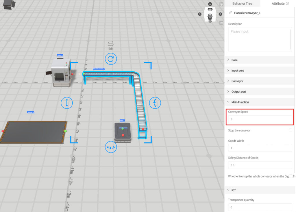3D factory conveyor setup showing a curved conveyor, a control panel, and a pickup/lourish area on a grid floor; conveyor speed set to 5.
