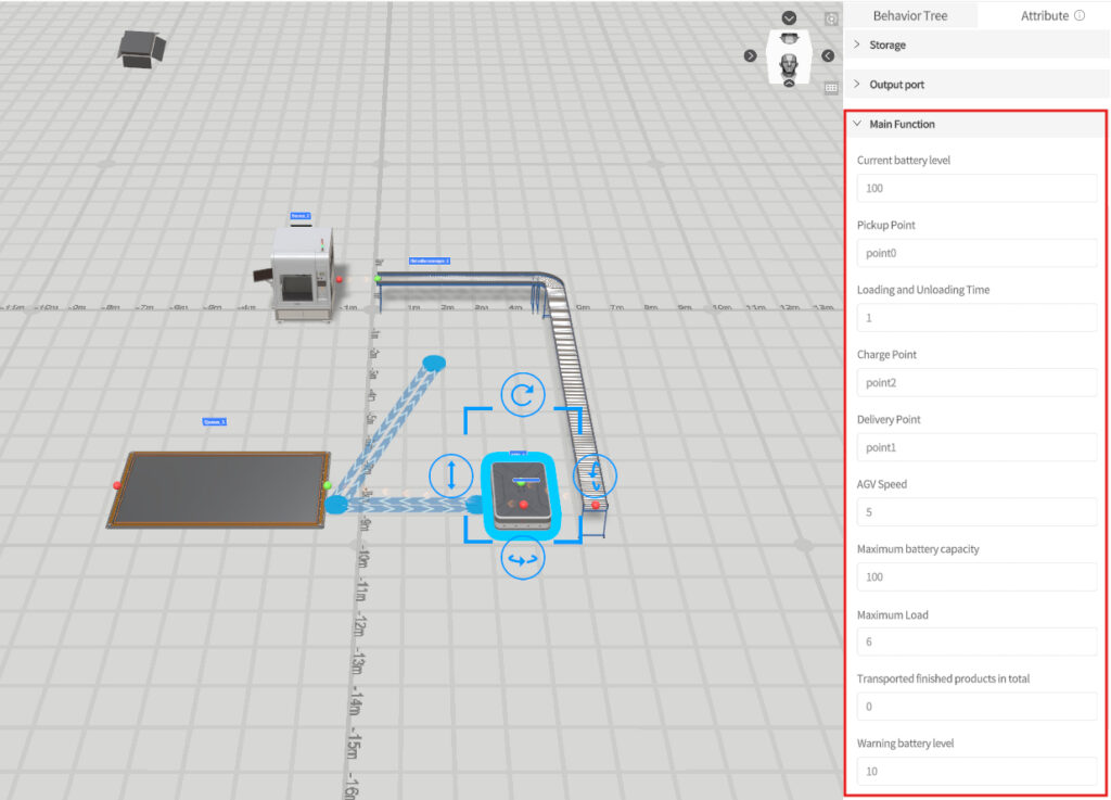 3D robotics workshop simulation showing a battery assembly line with a conveyor, crane, and a control panel on the right UI panel