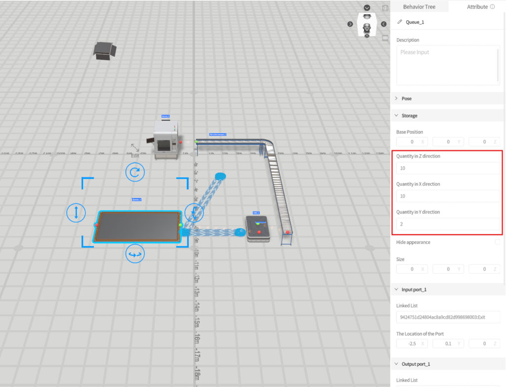 Isometric 3D factory layout with a conveyor belt, robotic arm, and workstation on a gray grid.