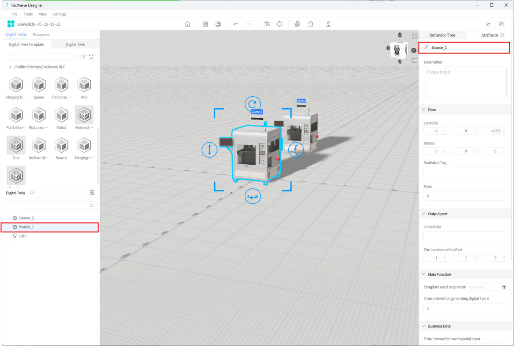 FactorVerse Designer: two 3D-printed machines with blue selection outlines and Source_1 highlighted in the side panel.