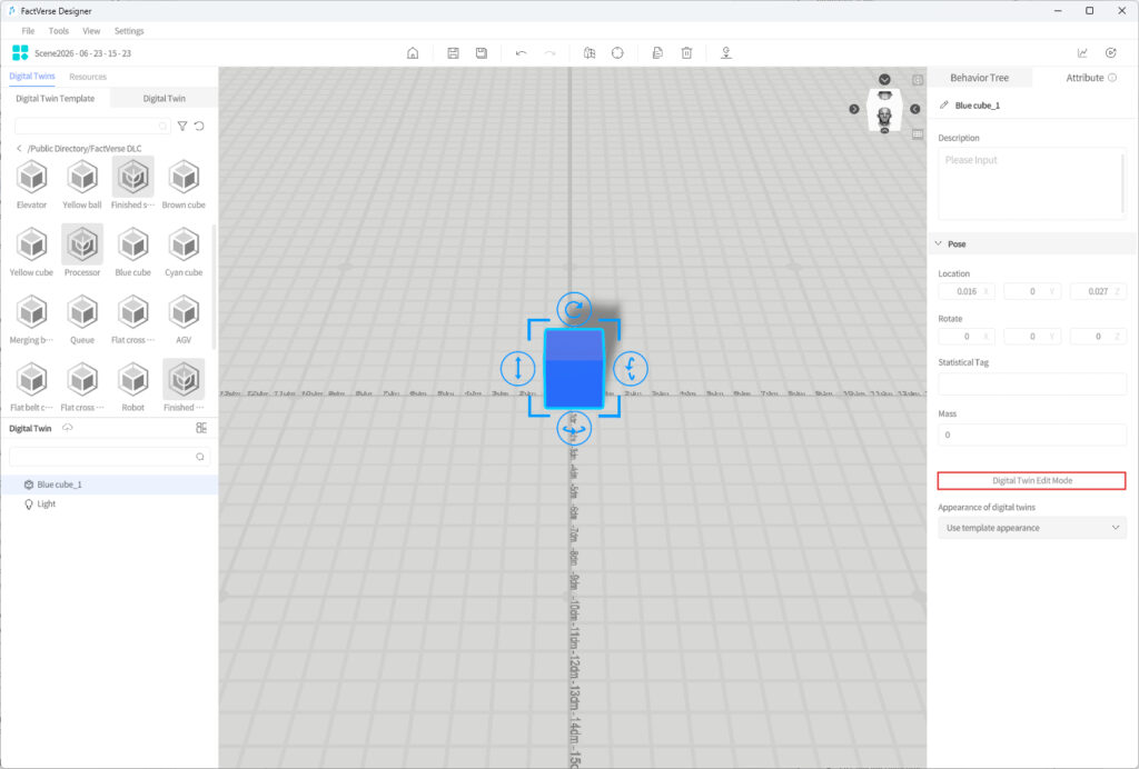 FactVerse Designer: a blue cuboid selected on a 3D grid with transform handles around it in the center of the workspace.