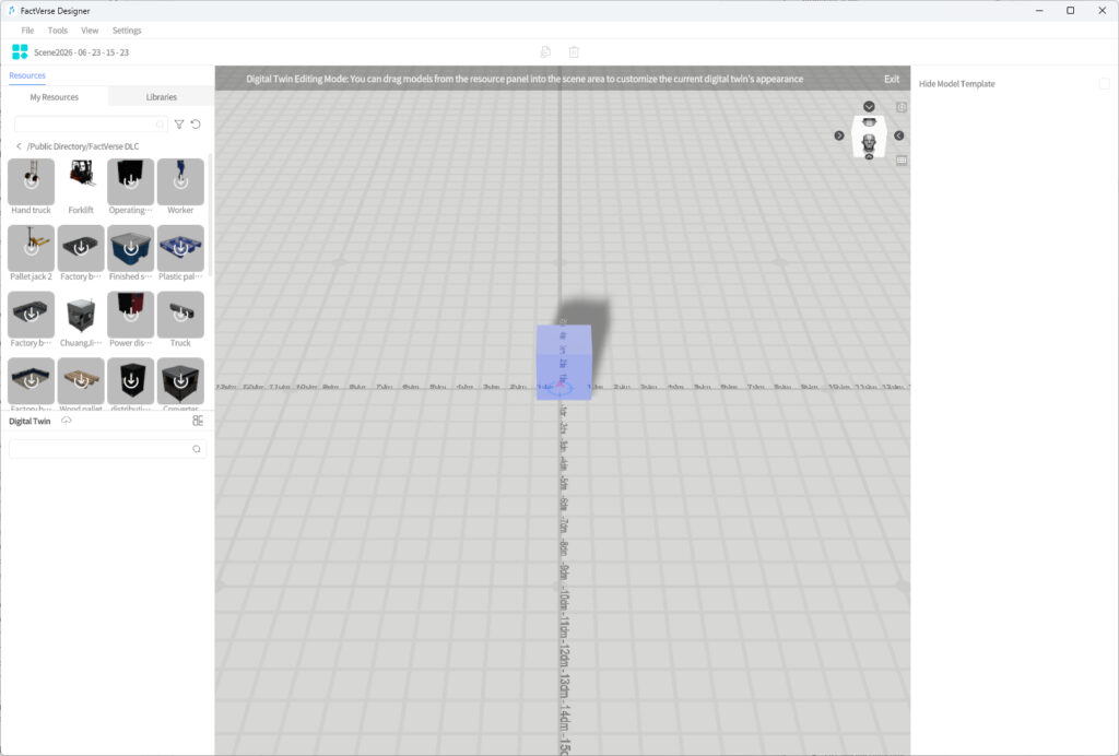 FactVerse Designer UI showing a blue rectangular model on a 3D grid, with a left sidebar of resource thumbnails and a large editing canvas in the center.