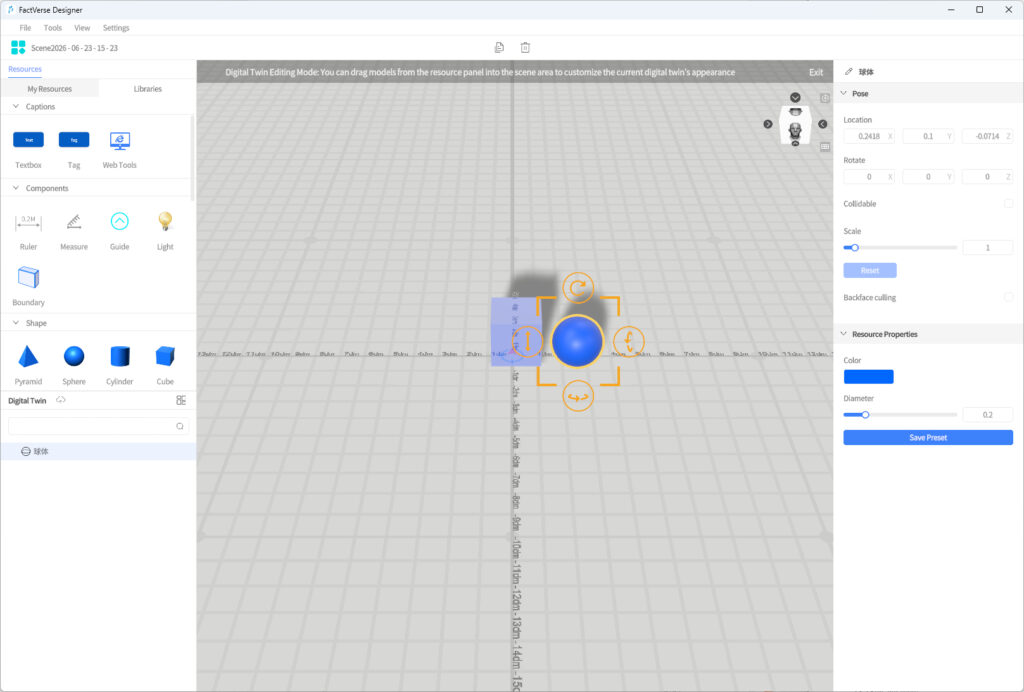 3D scene editor UI showing a blue ball with orange transform handles on a gray grid, left resources panel, and right property panel.