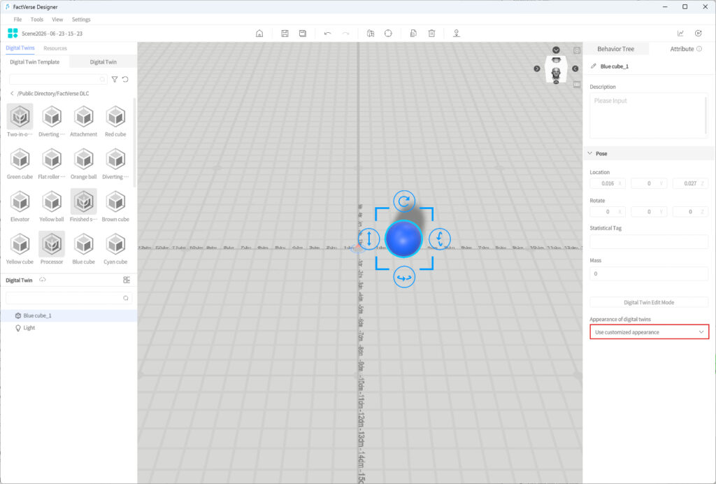 3D design workspace with a blue sphere selected and transform gizmo on a grid plane.