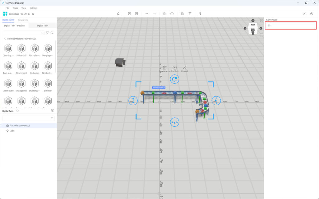 3D model of a curved conveyor belt with boxes on a grid workspace in a design tool, showing an industrial layout.