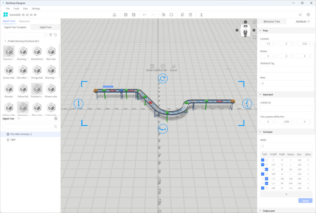 FactVerse Designer UI showing a 3D curved conveyor system on a grid, with a left component library and a right property panel.