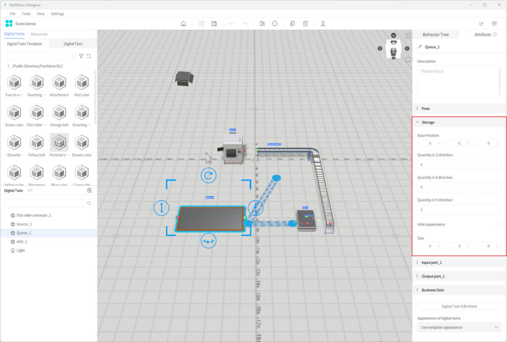 FactVerse Designer workspace with a digital twin: conveyor belt, worktable, and robotic arm on a grid factory layout.