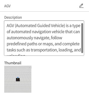 UI screen titled AGV with a description field explaining Automated Guided Vehicle; thumbnail shows a small device on a gray grid.