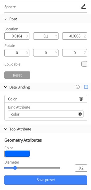 UI panel to edit a 3D sphere: Pose with position X=0.0104, Y=0.1, Z=-0.0988; rotation 0; Collidable unchecked; Data Binding shows Bind Attribute: color; Geometry Attributes show color swatch (blue) and a Diameter slider at 0.2; Save preset button.