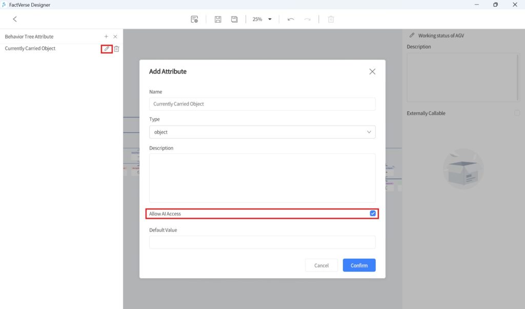 designer_figure_235_example_configure_external_exposure_tree_properties | DataMesh Modal Add Attribute form showing Name: 'Currently Carried Object', Type: object, and a checked 'Allow AI Access' checkbox at the bottom.