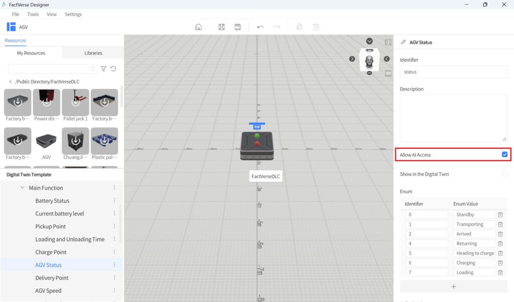 Screenshot of FactVerse Designer showing a 3D grid workspace with an AGV named FactVerseDLC; left Resources panel, right AGV Status with status field and AI access enabled.